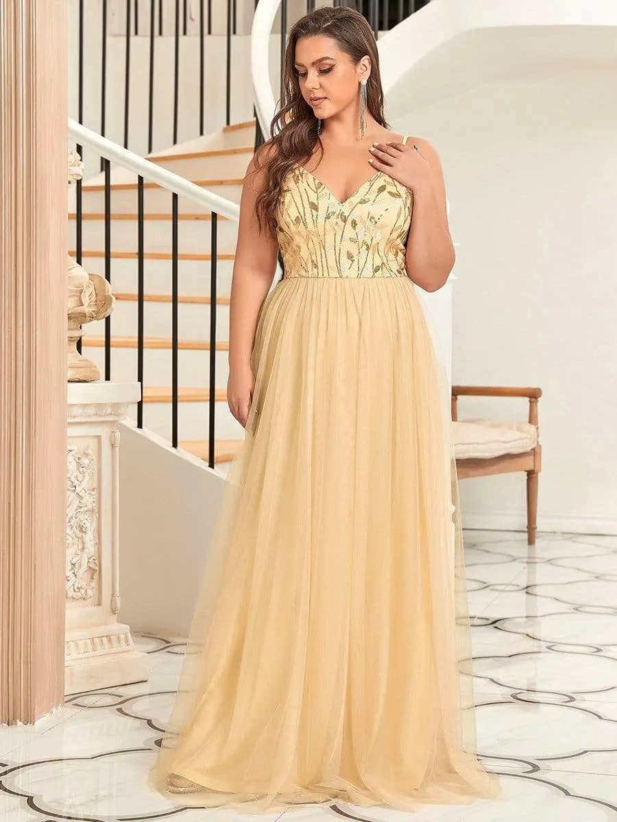 Plus Size Soft Spaghetti Straps V-Neck Embroidery Evening Dress