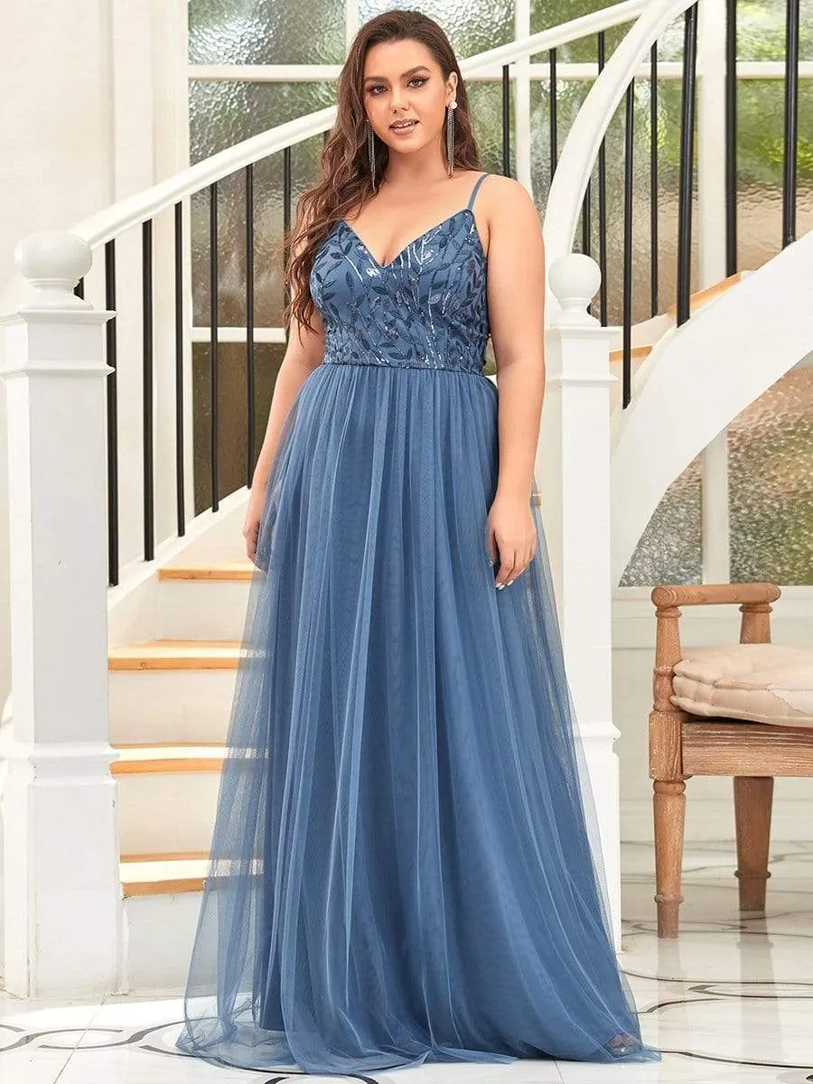 Plus Size Soft Spaghetti Straps V-Neck Embroidery Evening Dress