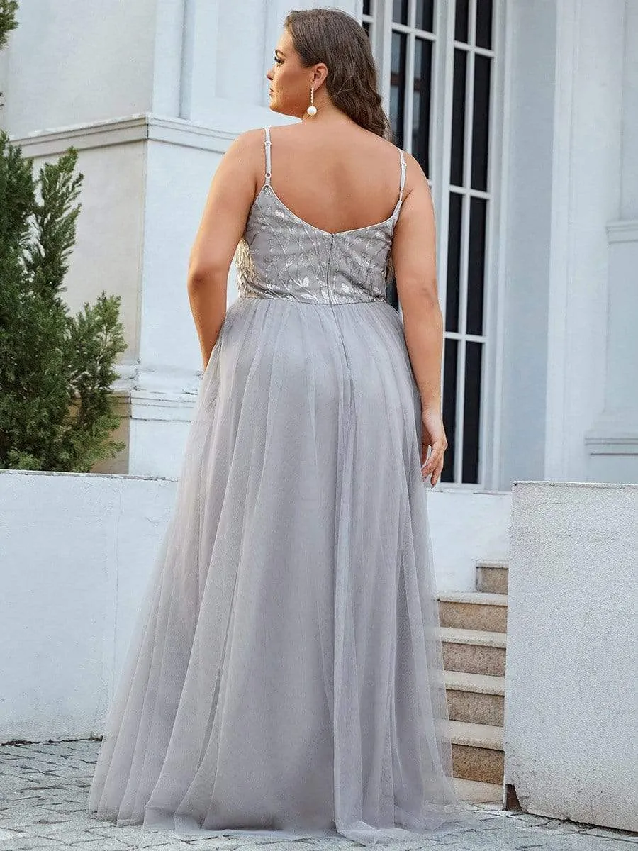 Plus Size Soft Spaghetti Straps V-Neck Embroidery Evening Dress