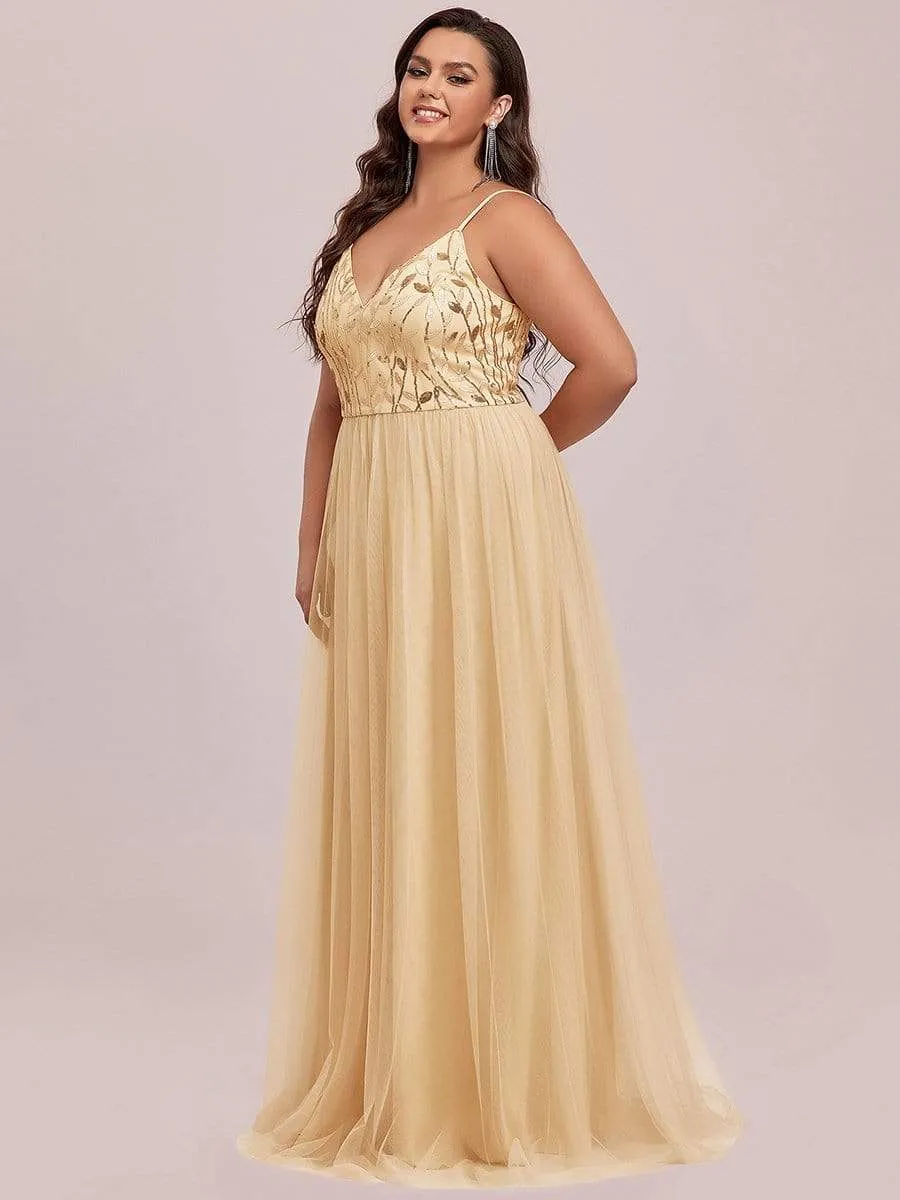 Plus Size Soft Spaghetti Straps V-Neck Embroidery Evening Dress