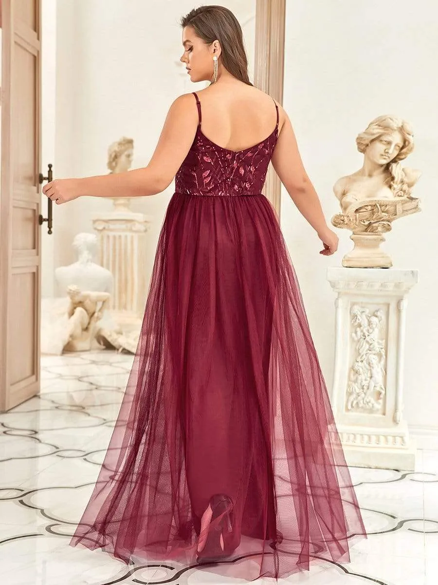 Plus Size Soft Spaghetti Straps V-Neck Embroidery Evening Dress