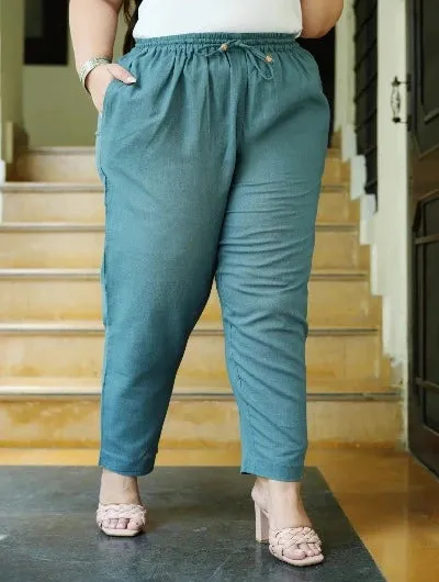 Plus size Women Teal Cotton Trouser Pant