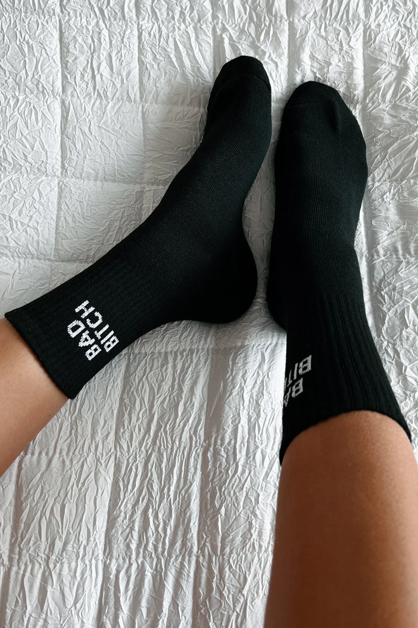 "Bad Bitch" Ribbed Crew Socks (Black)