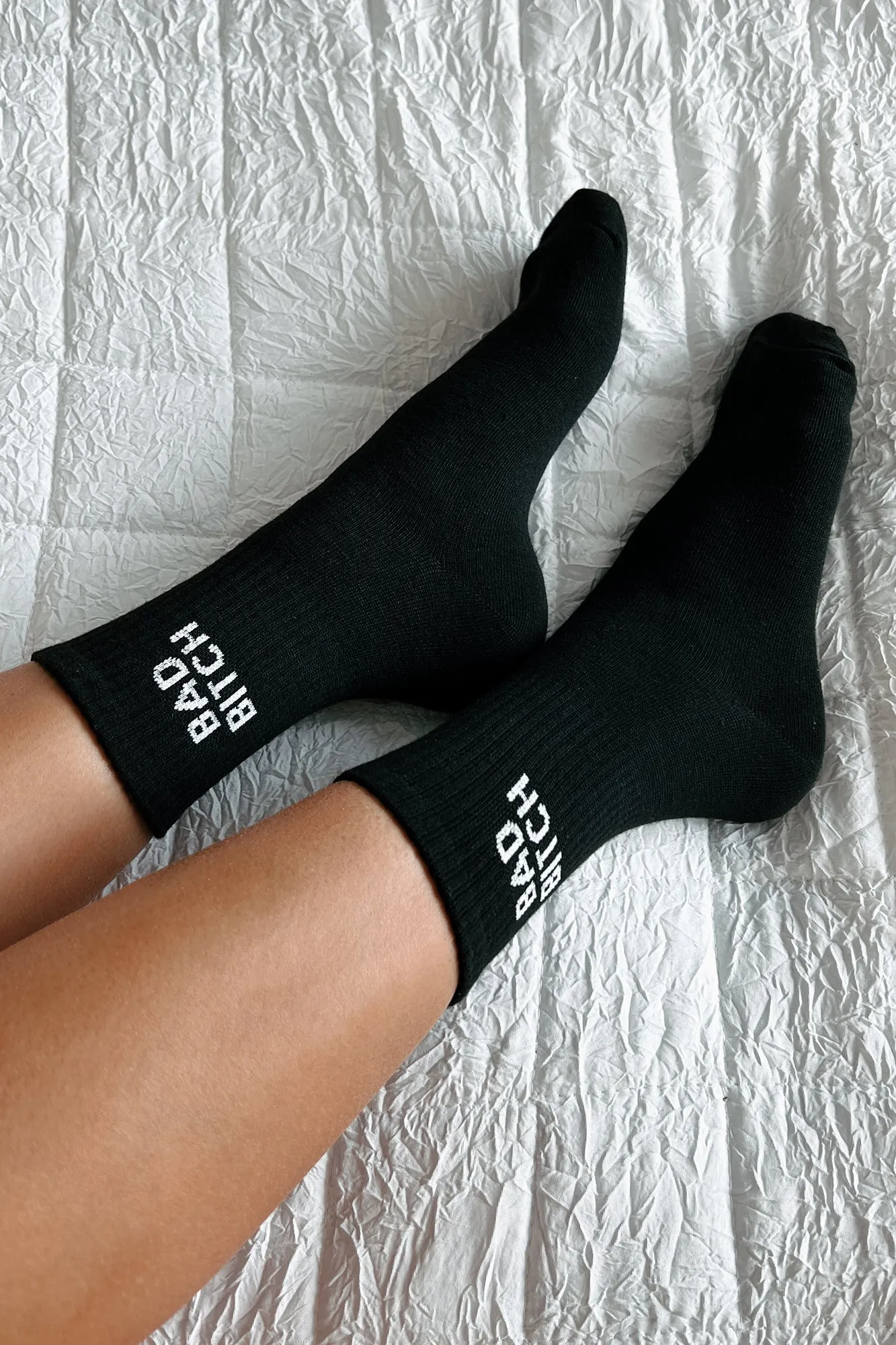 "Bad Bitch" Ribbed Crew Socks (Black)