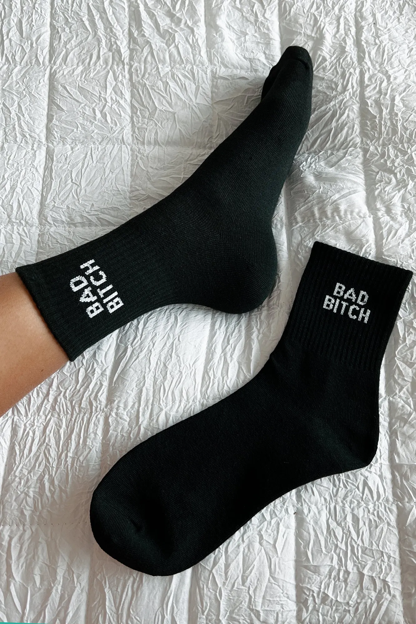 "Bad Bitch" Ribbed Crew Socks (Black)