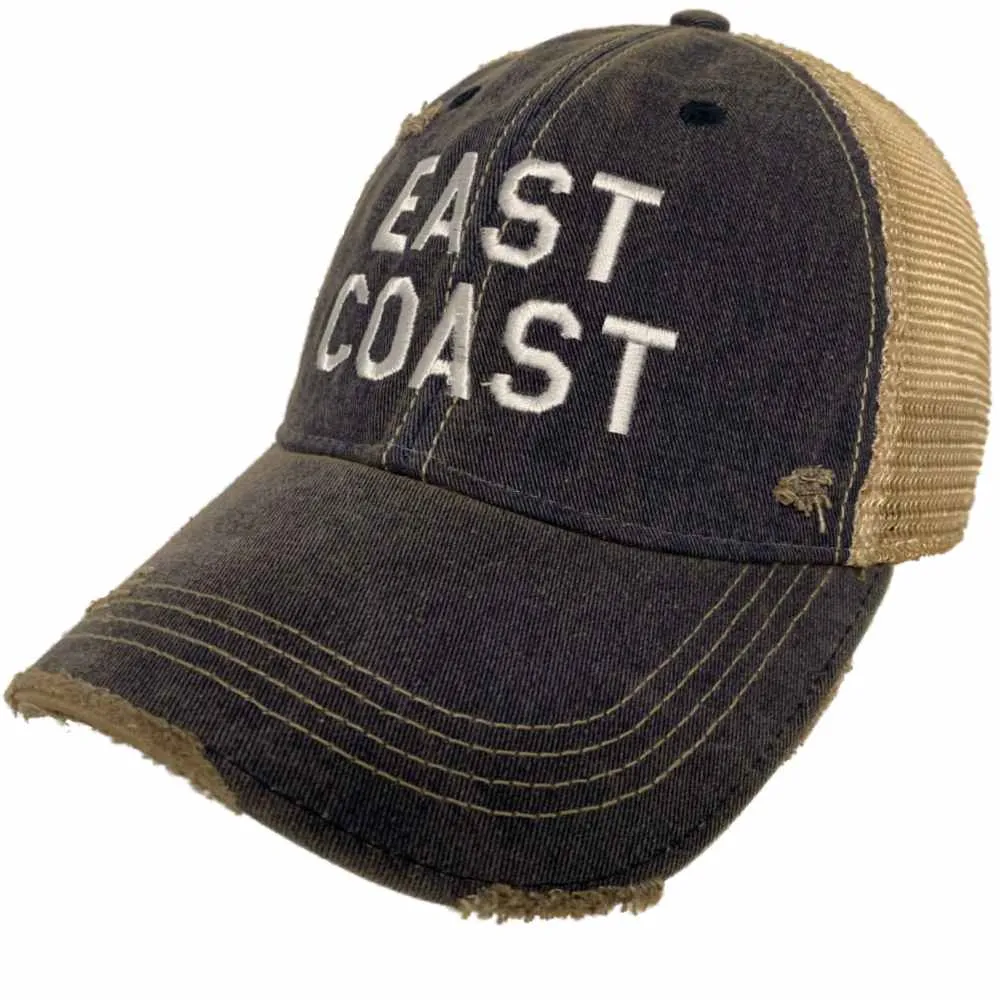 "East Coast" Retro Brand Navy Distressed Tattered Mesh Adj. Snapback Hat Cap