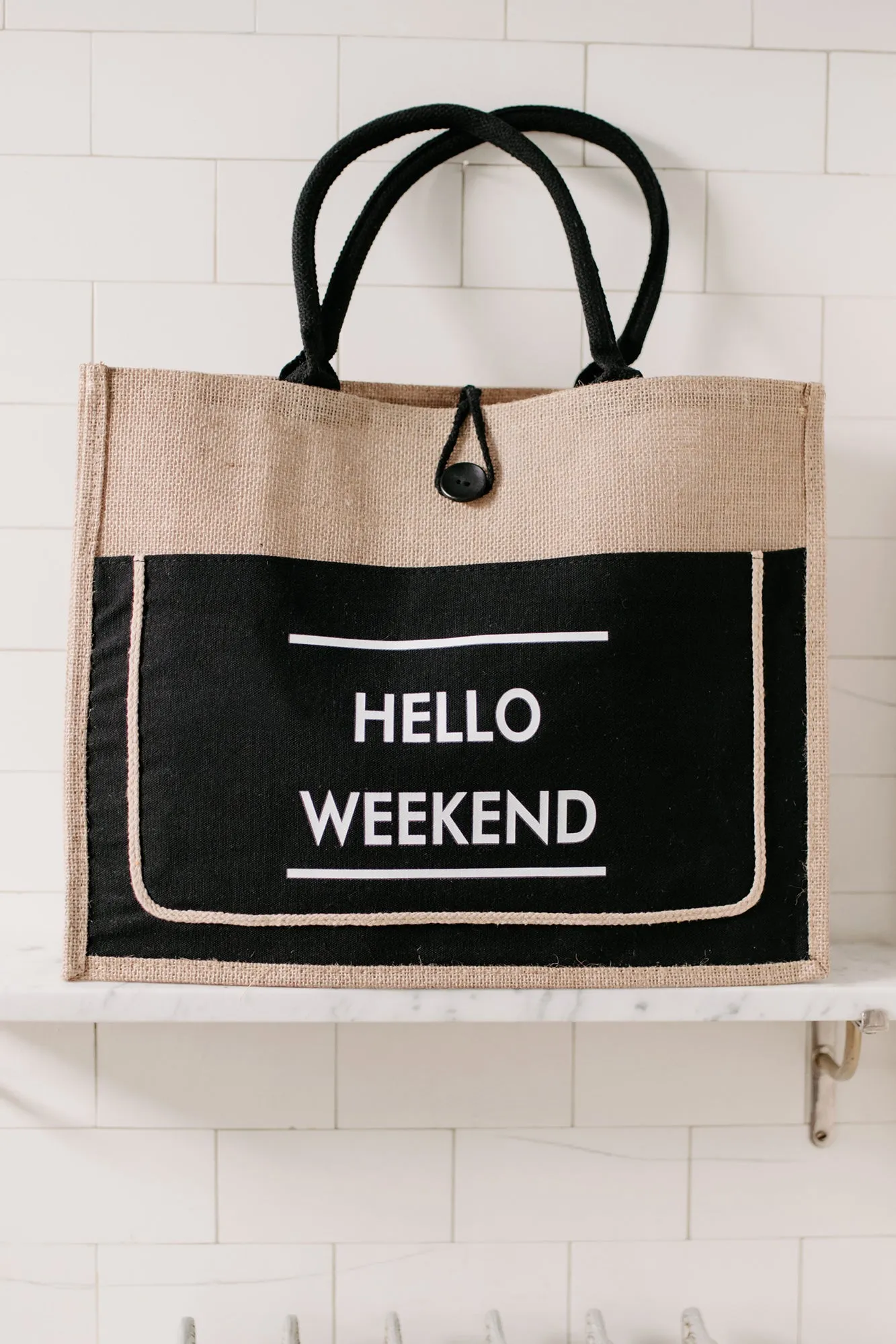 "Hello Weekend" Twine Tote Bag (Black)