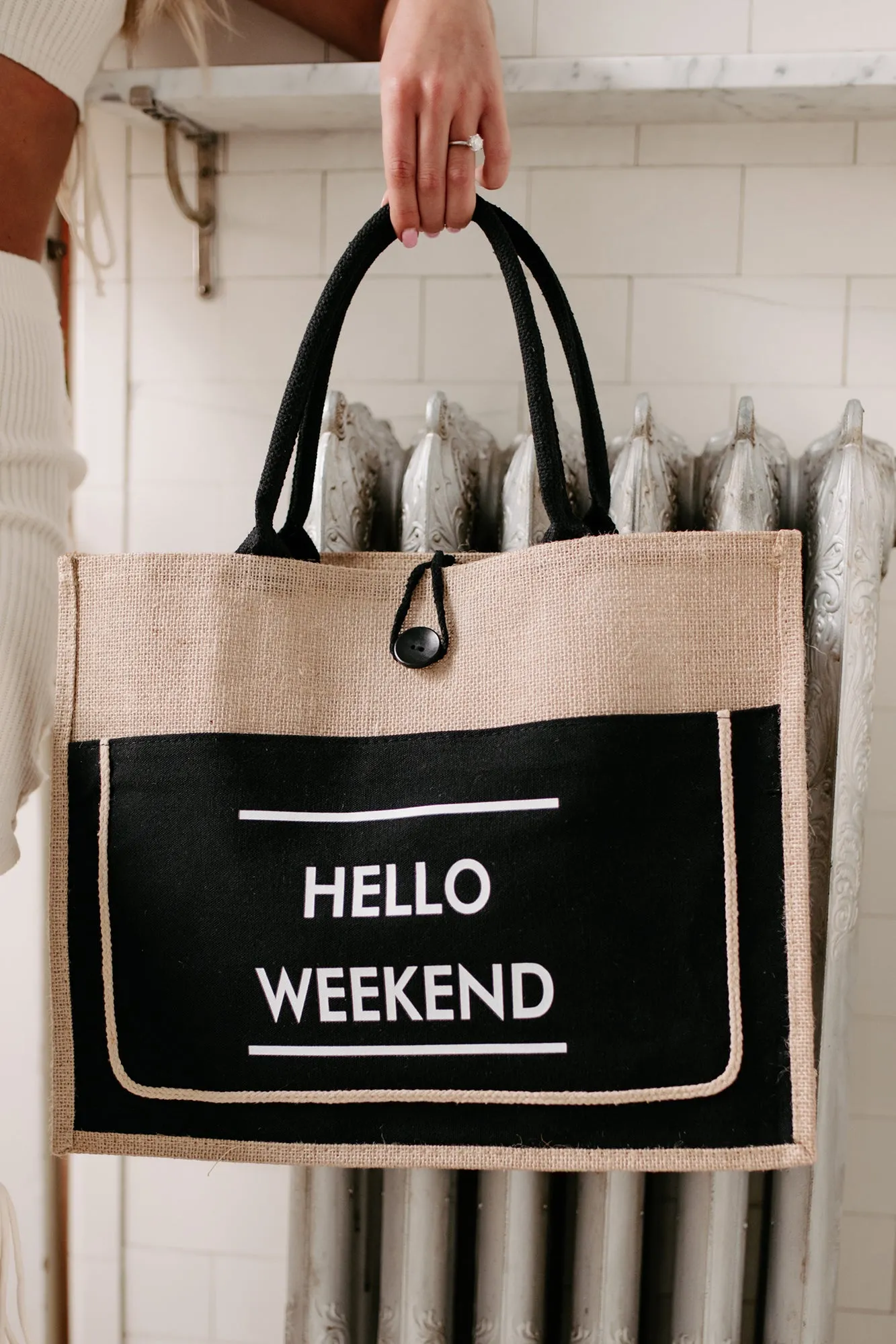 "Hello Weekend" Twine Tote Bag (Black)