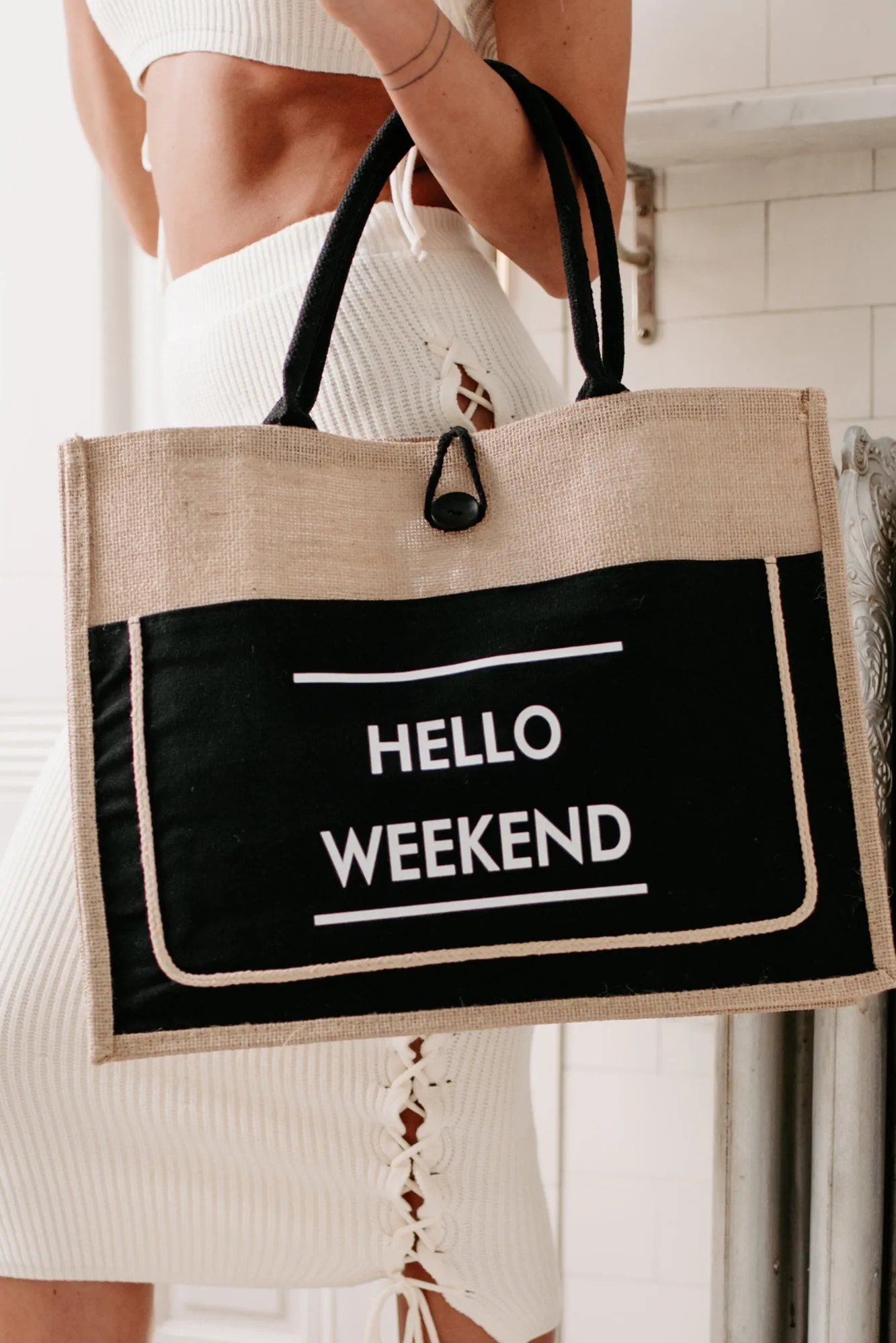 "Hello Weekend" Twine Tote Bag (Black)