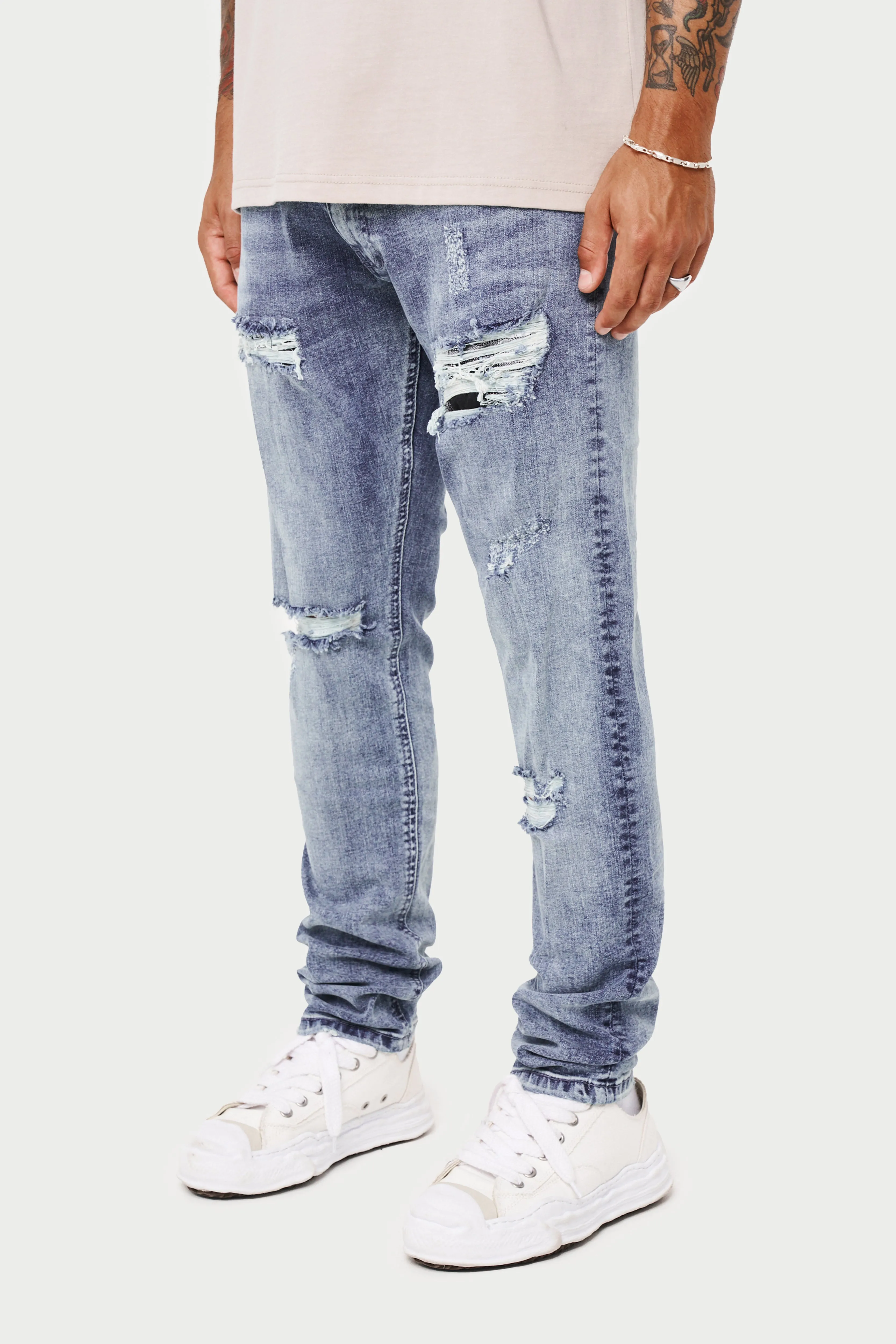 RIP AND REPAIR STACKED JEANS - BLUE WASH