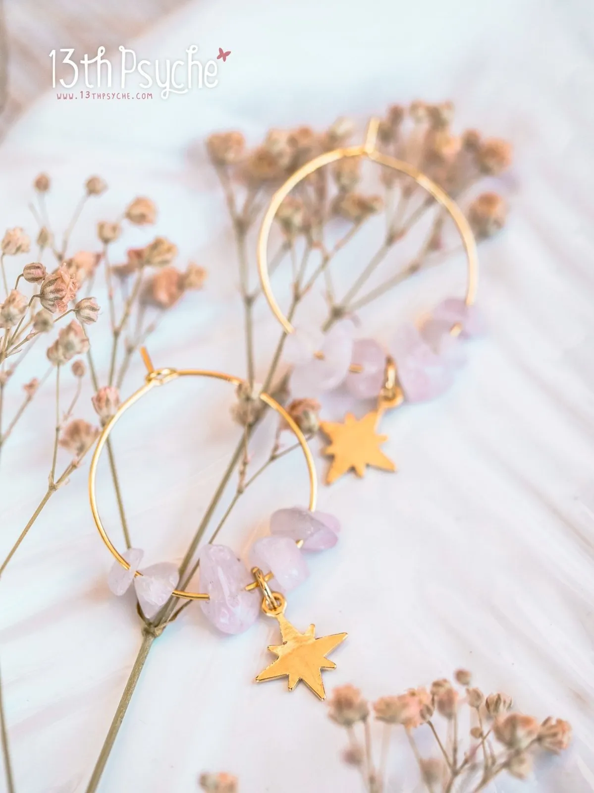 Rose quartz hoop earrings with moon or star charm