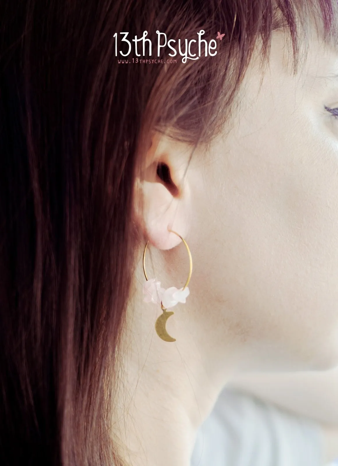 Rose quartz hoop earrings with moon or star charm