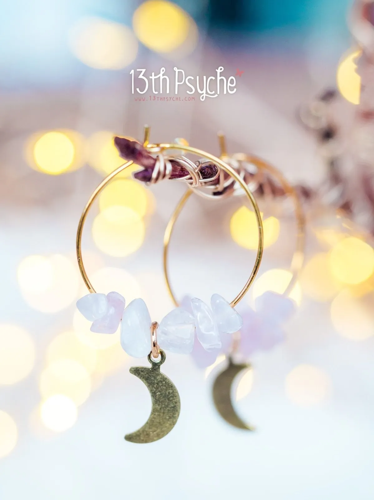 Rose quartz hoop earrings with moon or star charm