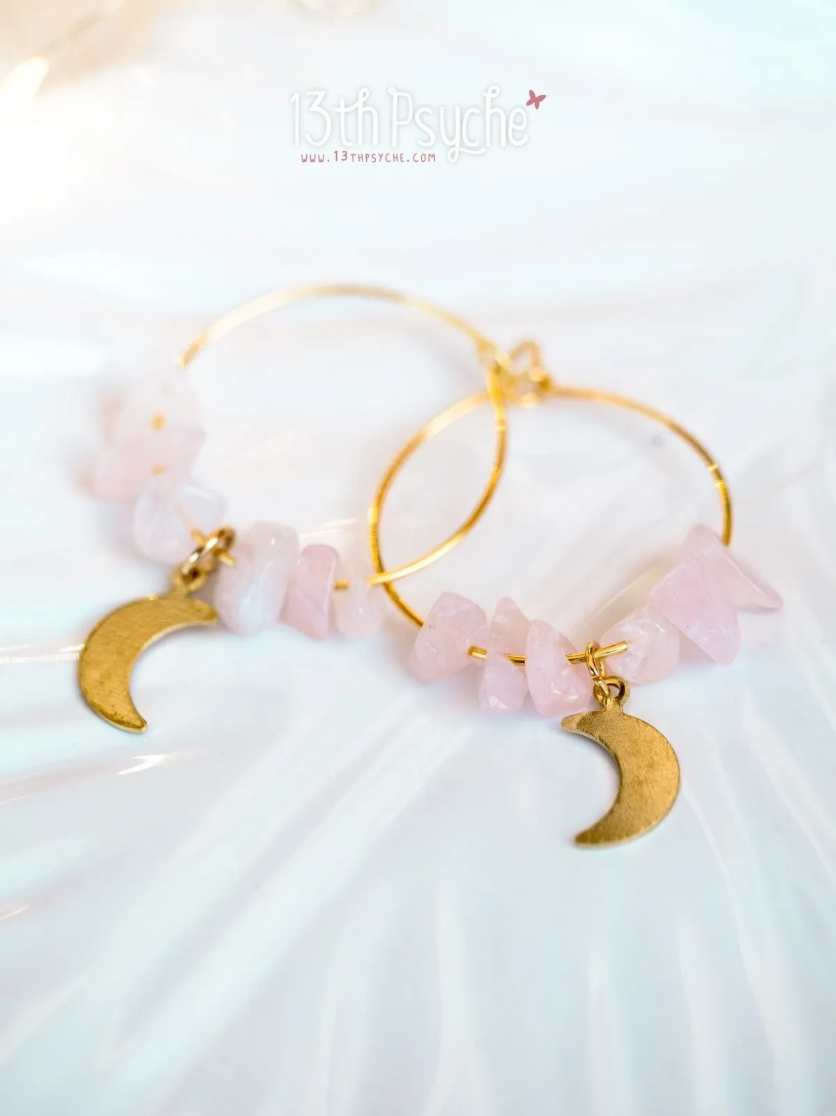 Rose quartz hoop earrings with moon or star charm