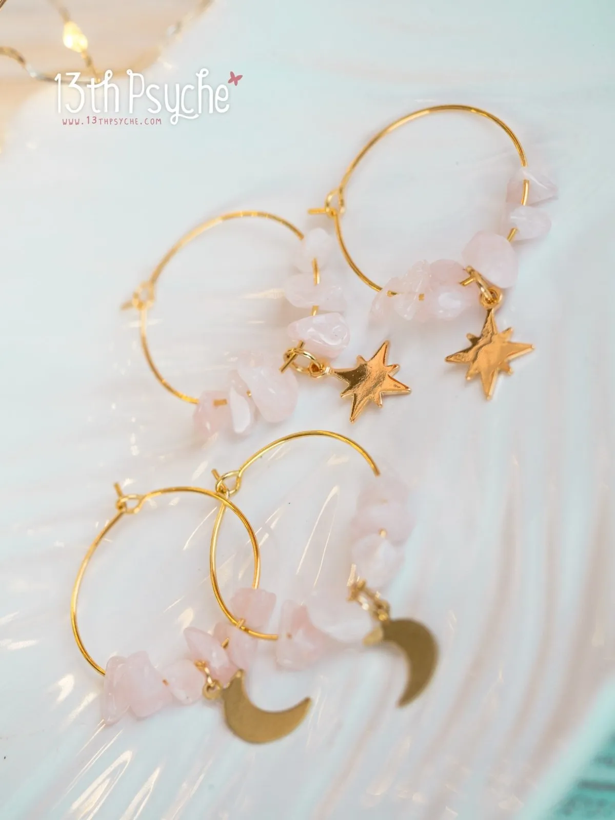 Rose quartz hoop earrings with moon or star charm