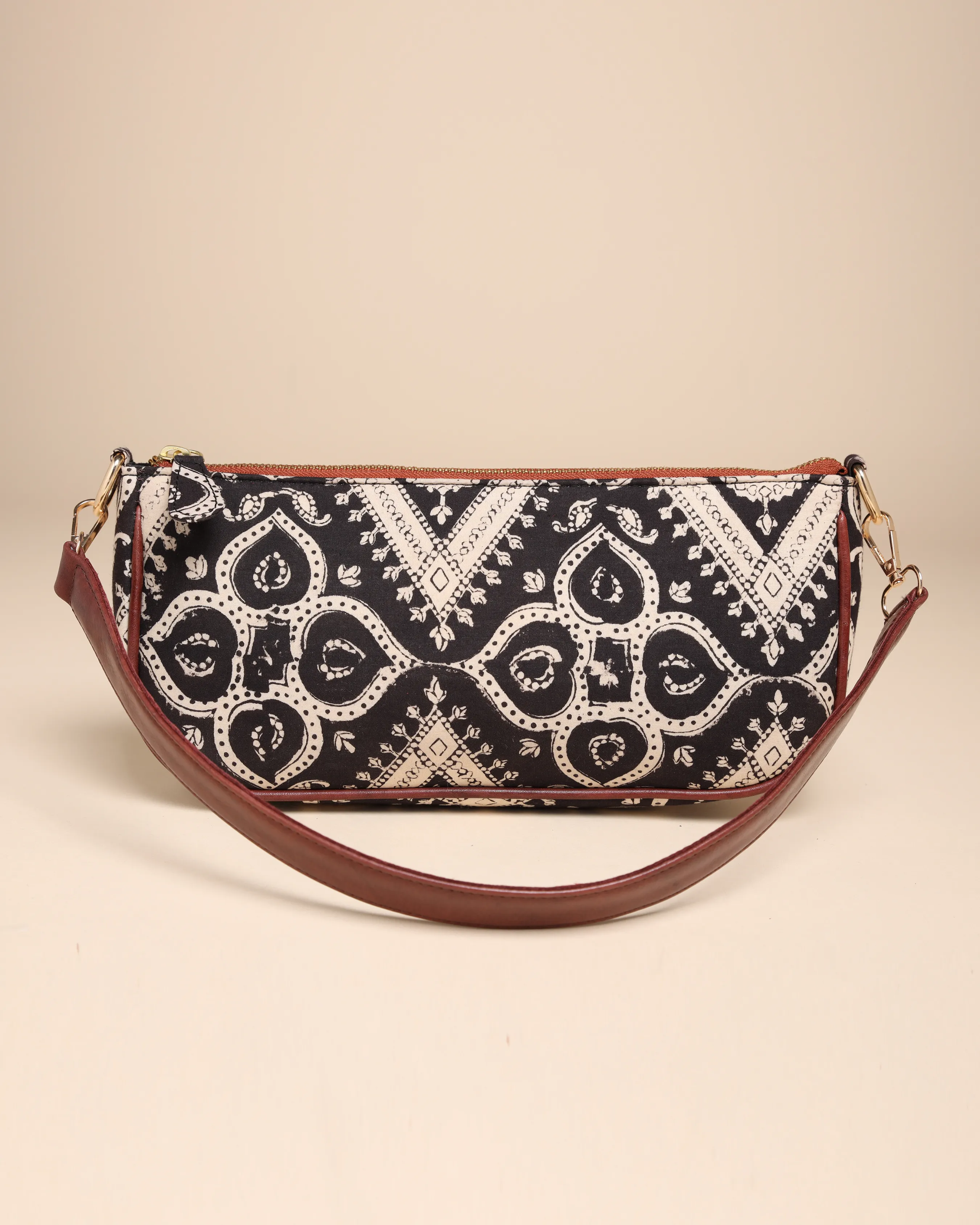 Sable Black Cotton Blockprinted Mini Baguette Bag