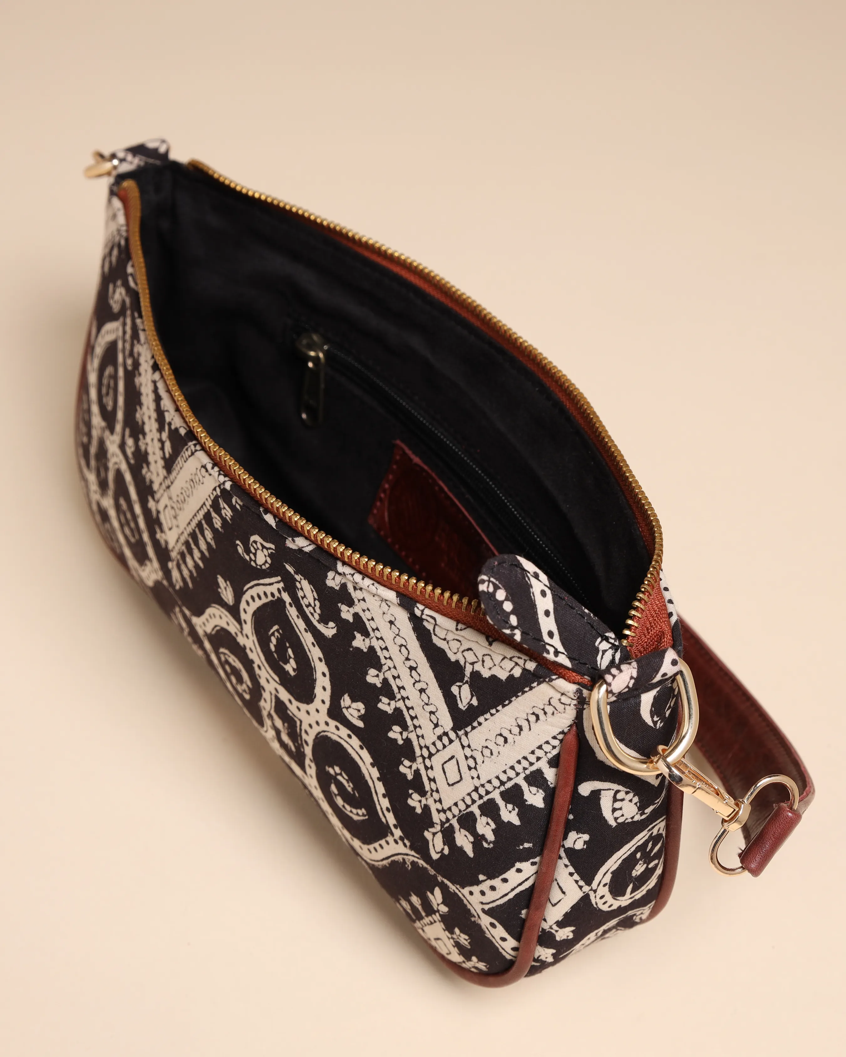 Sable Black Cotton Blockprinted Mini Baguette Bag