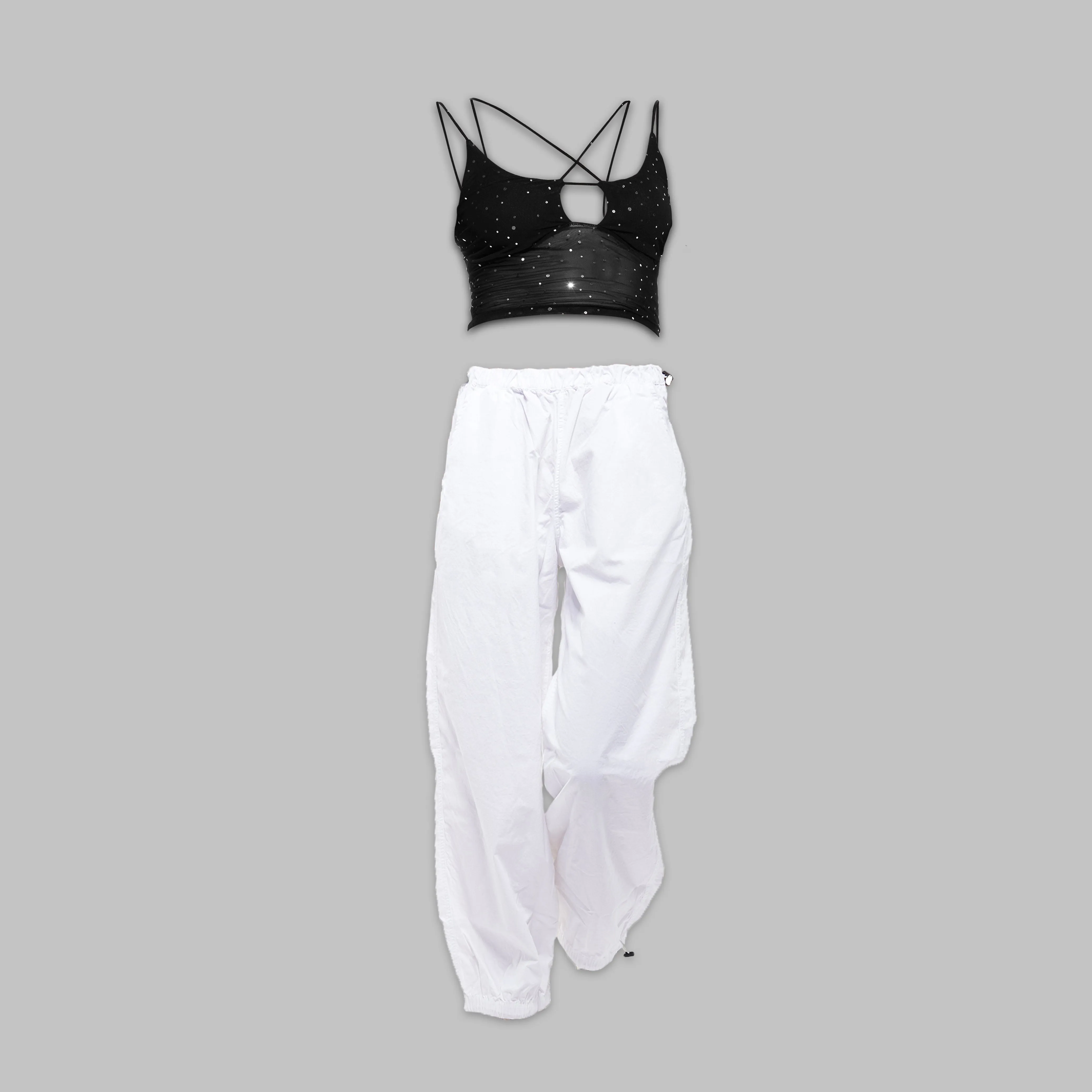 Sequin Mesh Top & White Parachute pant