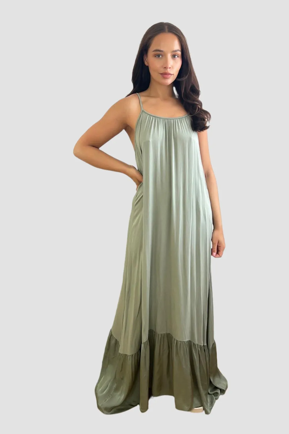 Silk Blend Spaghetti Straps Tiered Maxi Dress