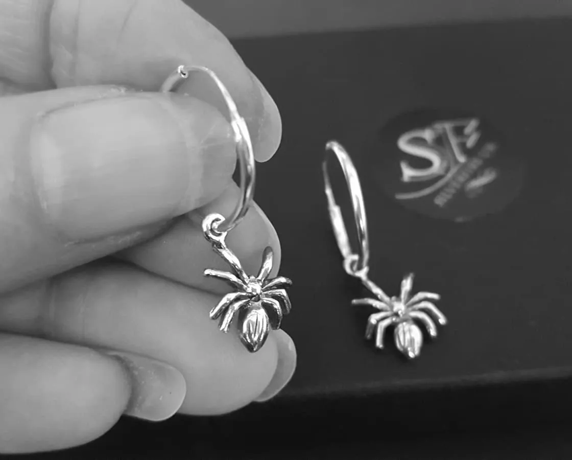 Silver Spider Hoop Earringss - 10mm Goth Spider Charms, 16mm Hoops