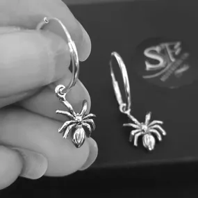 Silver Spider Hoop Earringss - 10mm Goth Spider Charms, 16mm Hoops