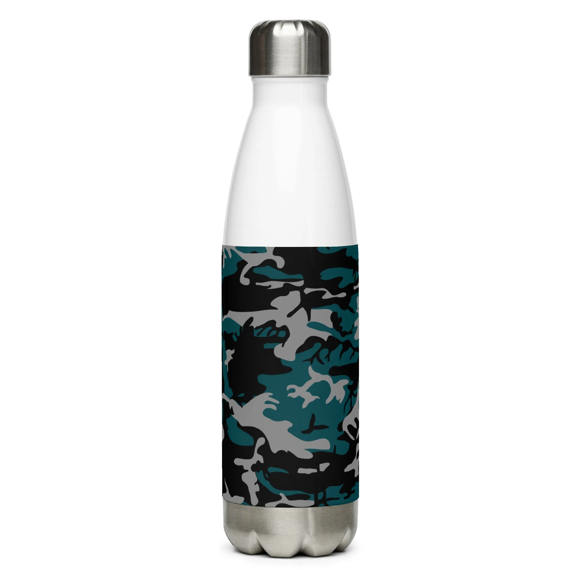 Stainless steel water bottle teal, gray, and black camouflage