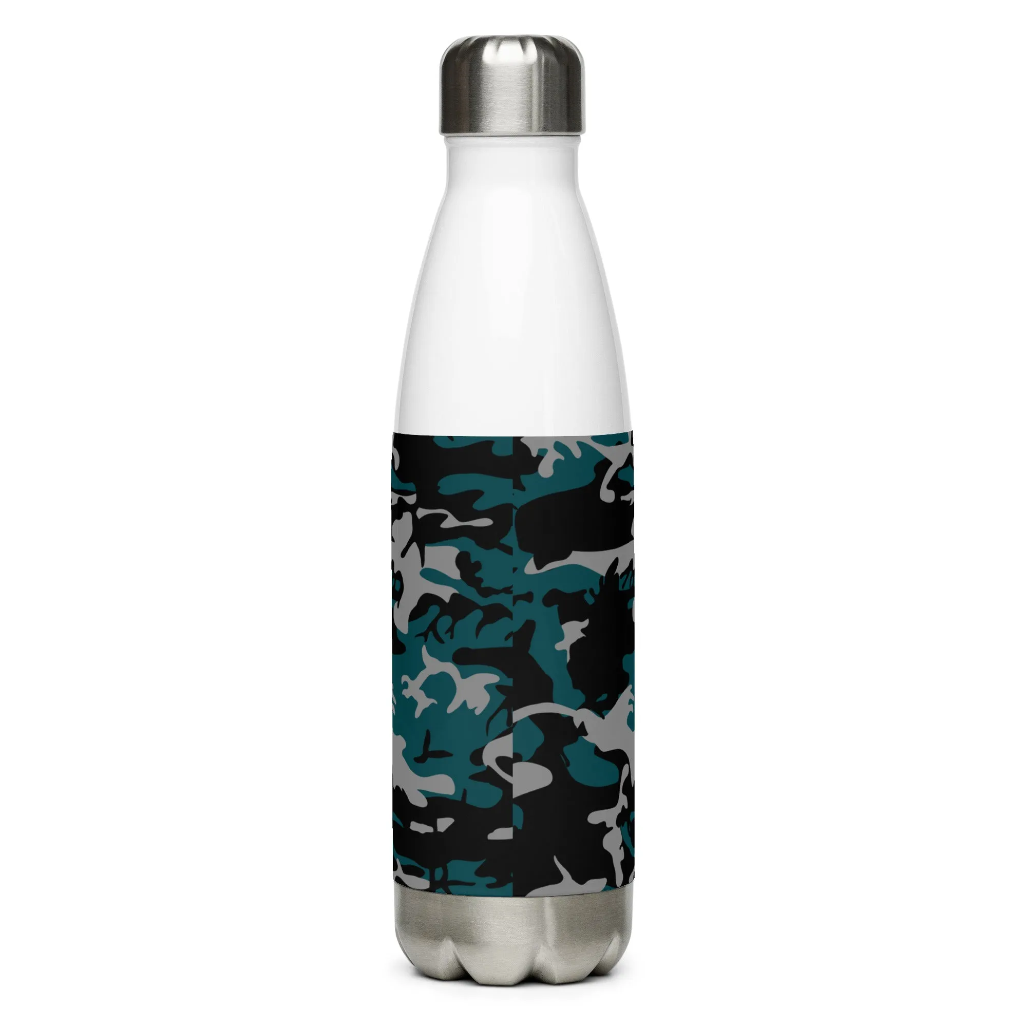 Stainless steel water bottle teal, gray, and black camouflage