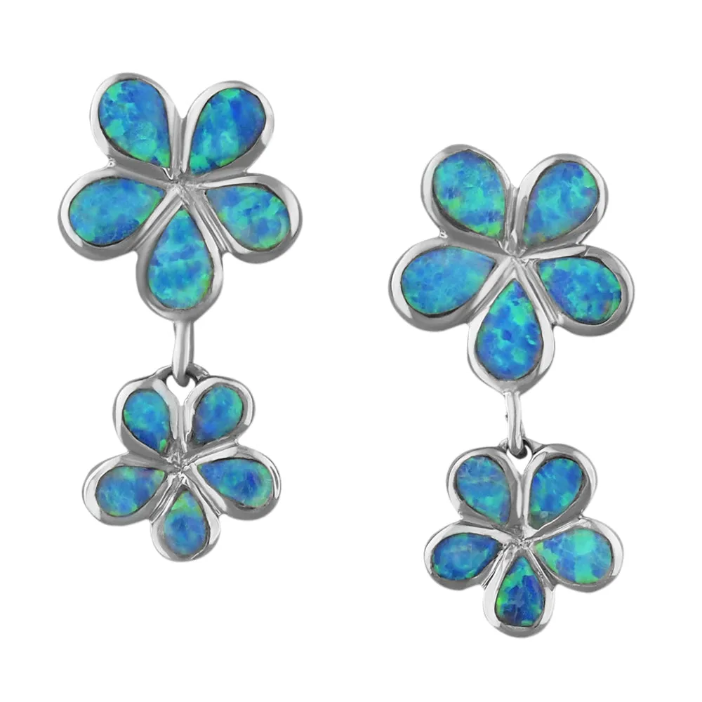 Sterling Silver Synthetic Blue Opal Double Plumeria Dangle Earrings