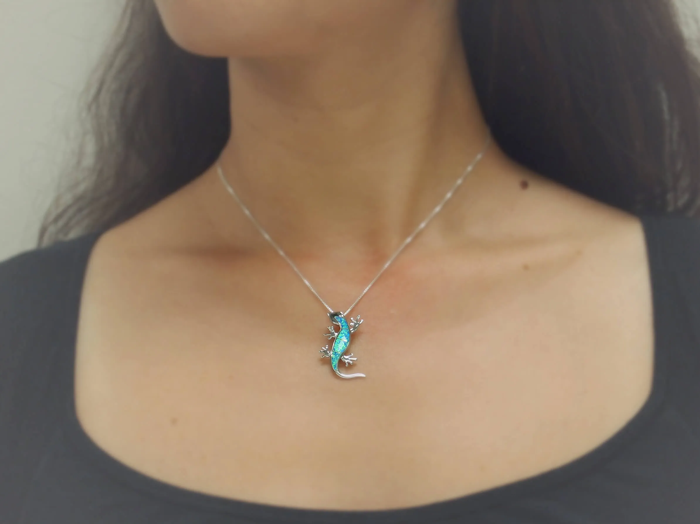 Sterling Silver Synthetic Blue Opal Gecko/Lizard Pendant Necklace, 16 2" Extender