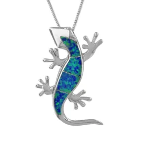 Sterling Silver Synthetic Blue Opal Gecko/Lizard Pendant Necklace, 16 2" Extender