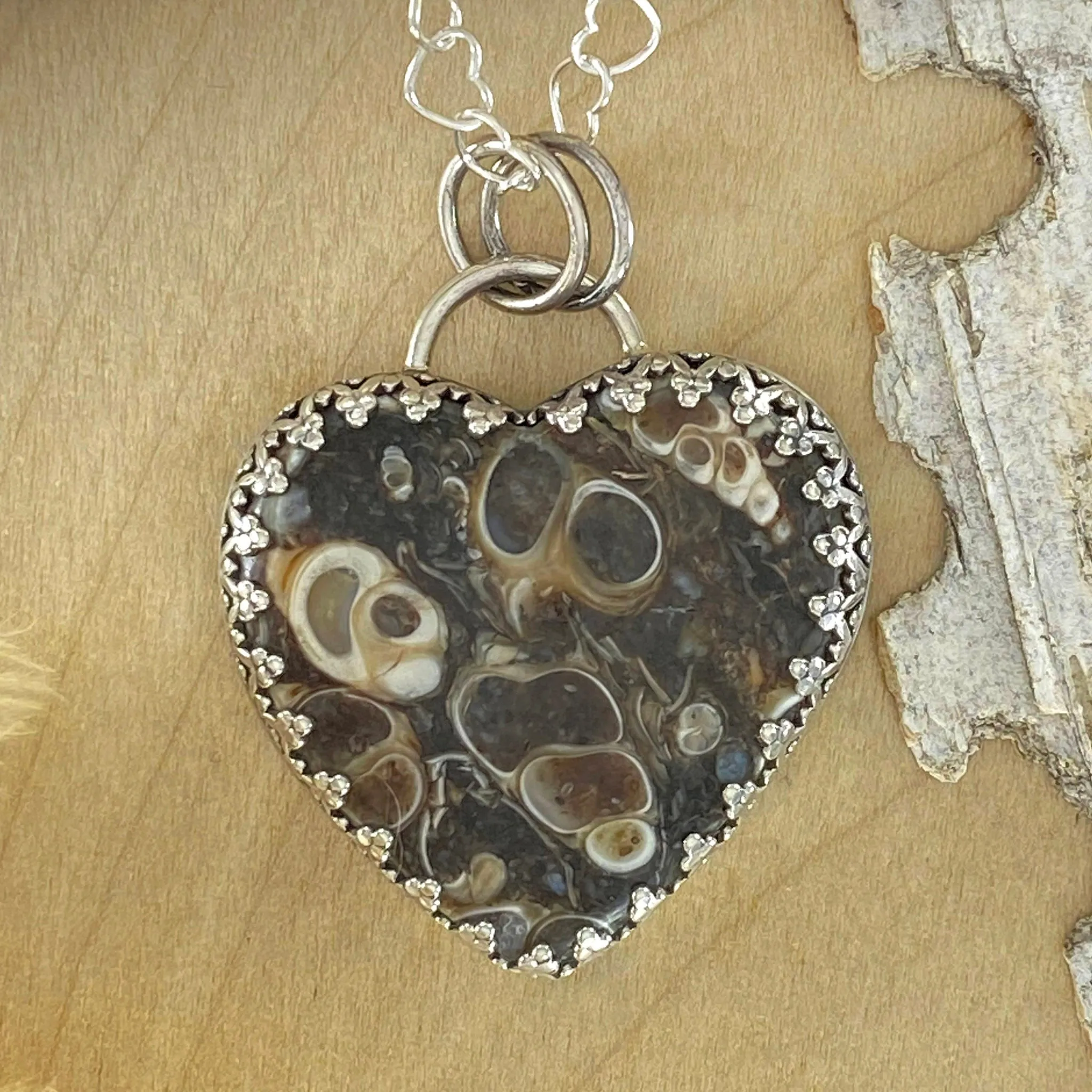 Turritella Agate Heart Pendant Necklace